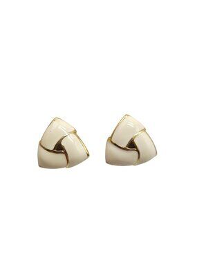 Vintage Monet Cream Gold-Tone Enamel Triangle Clip-On Earrings 1-Inch